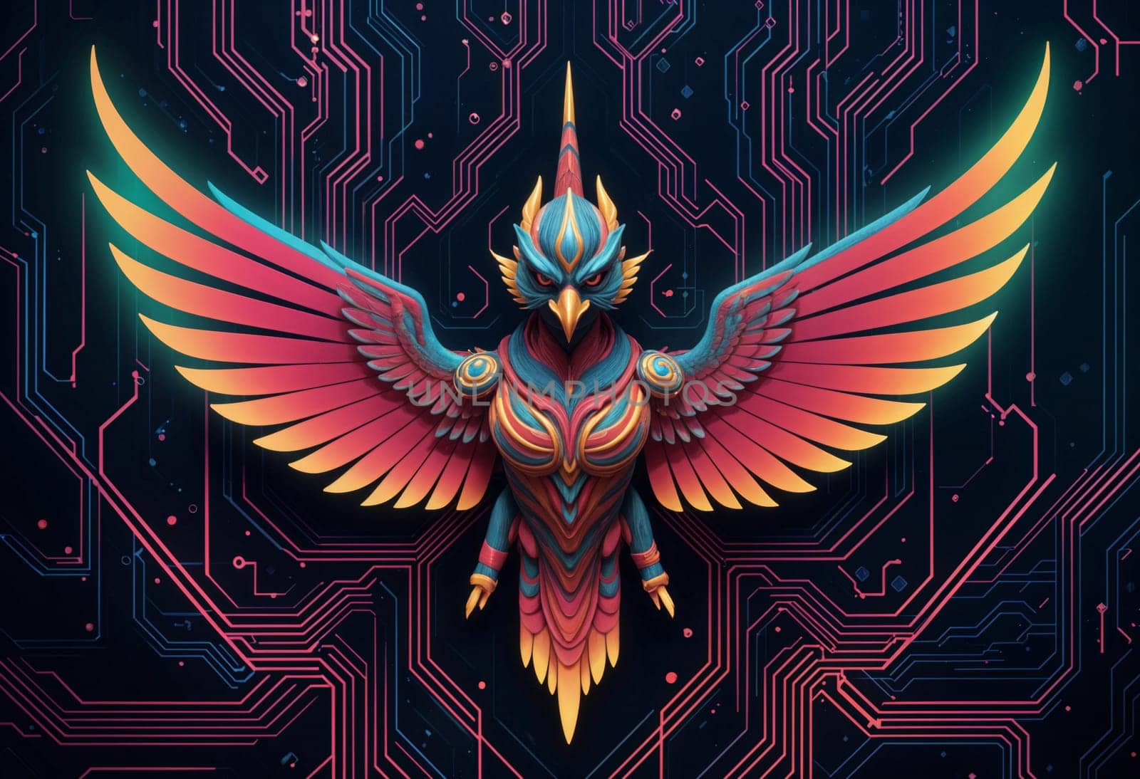 AI generated of a colorful garuda bird with wings on a circuit board