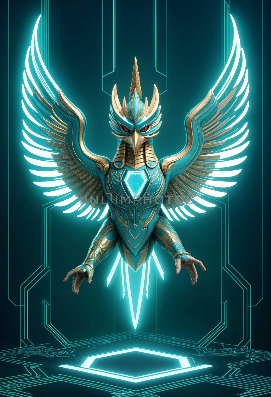 AI generated of a garuda bird with glowing wings and glowing futuristic background design