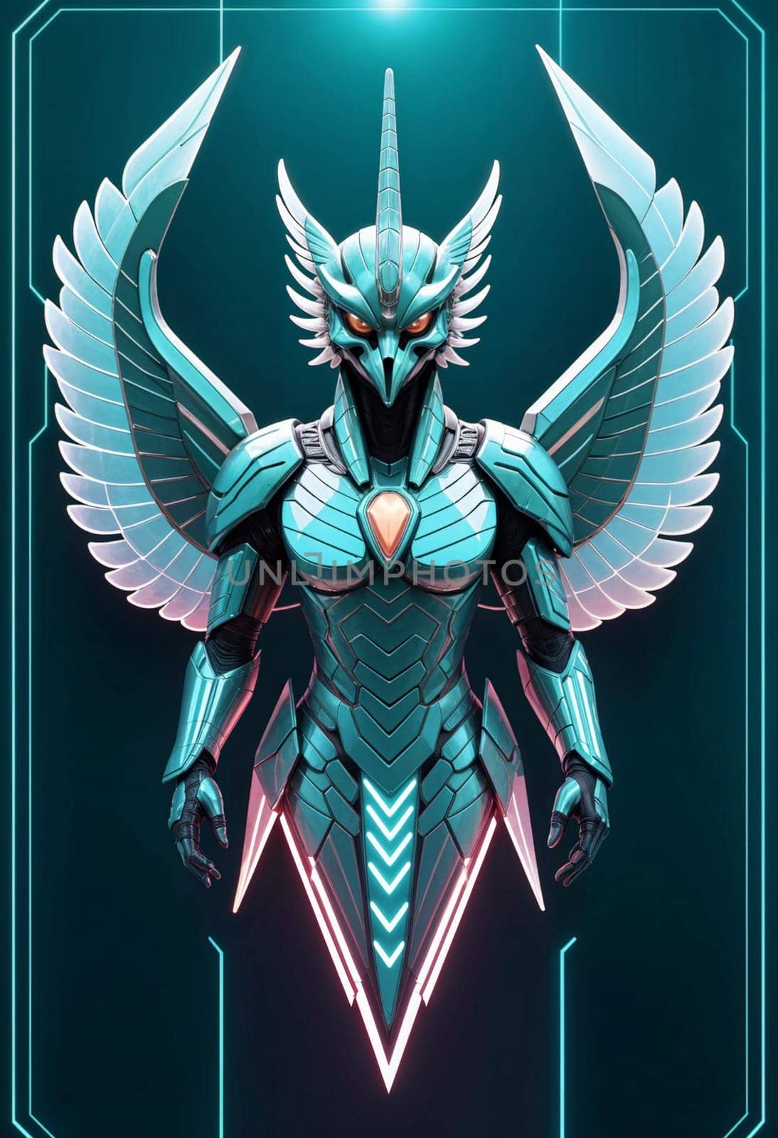 AI generated of the futuristic garuda bird character is shown with wings and a blue and pink background