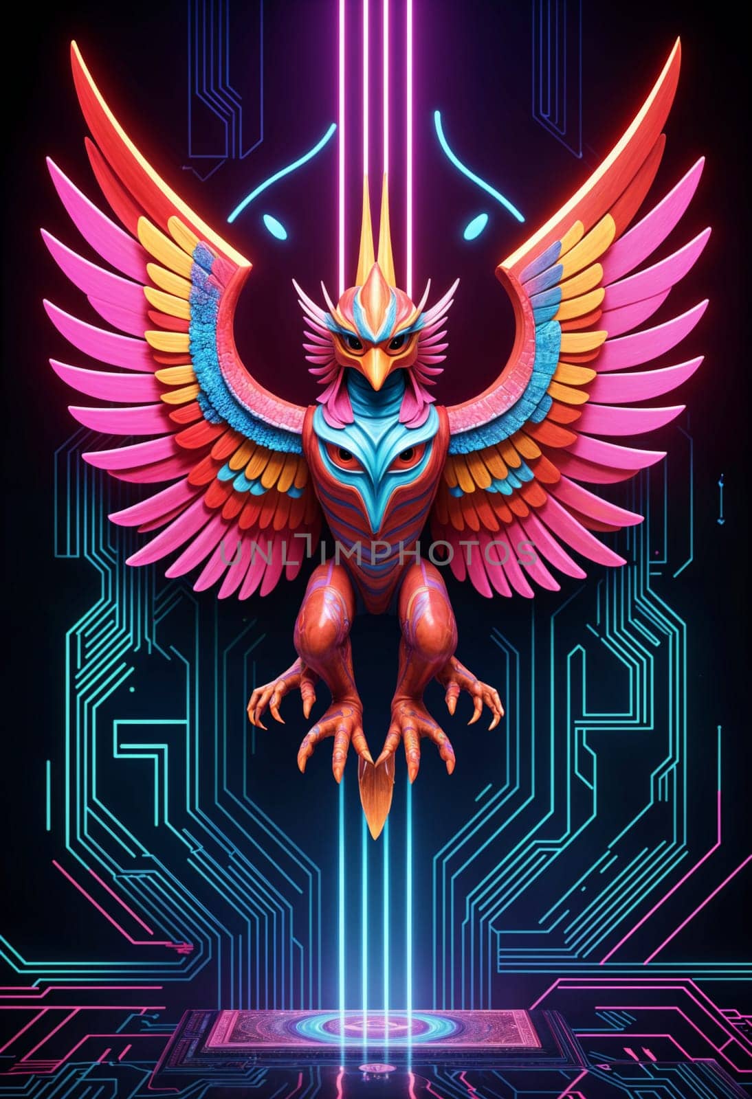 AI generated of a colorful garuda bird with neon wings on a circuit board