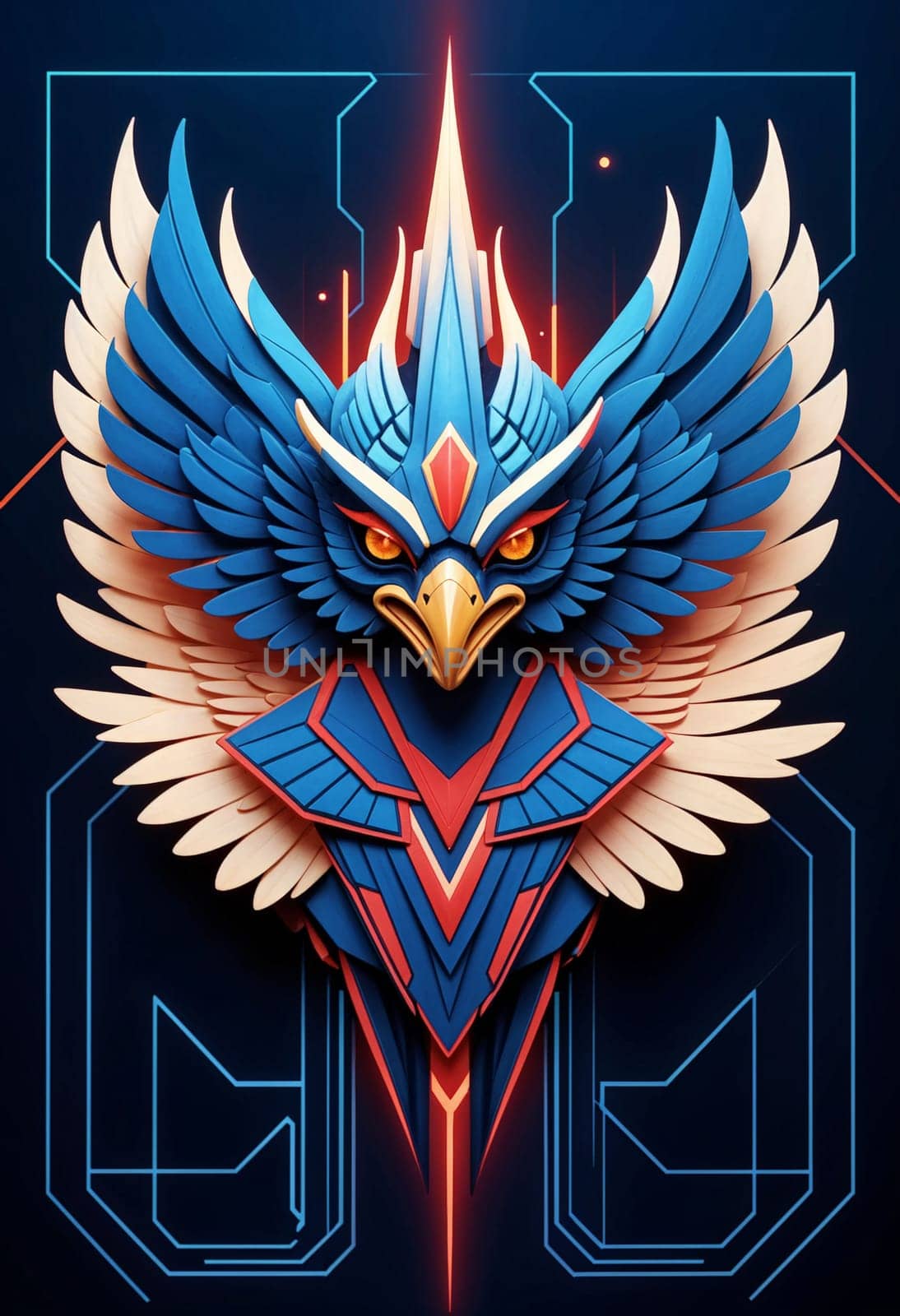 AI generated of the logo for the game, garuda birtd, with a blue and red design and futuristic background