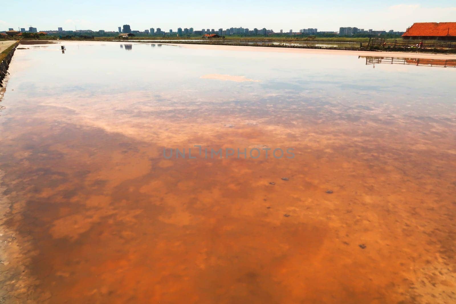 Visible orange and pink salt deposits in a pool of the Burgas Salt Pans, Lake Atanasovsko, Atanasovo, Burgas, Bourgas, Bulgaria 2022