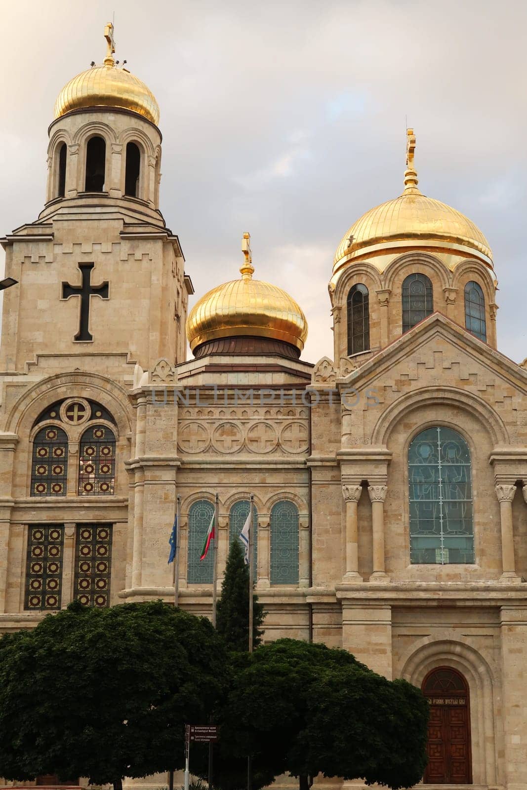 The elaborate facade, roof, cupolas and bell tower of the Dormition of the Mother of God Cathedral in Varna, Bulgaria 2022
