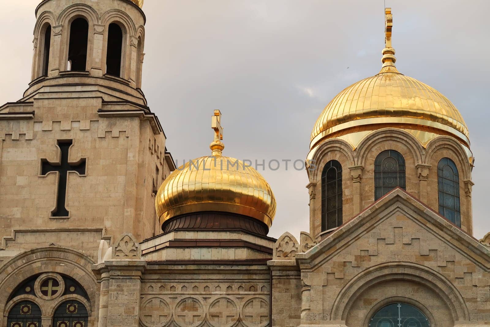 Upper facade, roof, cupolas, bell tower of the Dormition of the Mother of God Cathedral in Varna, Bulgaria 2022