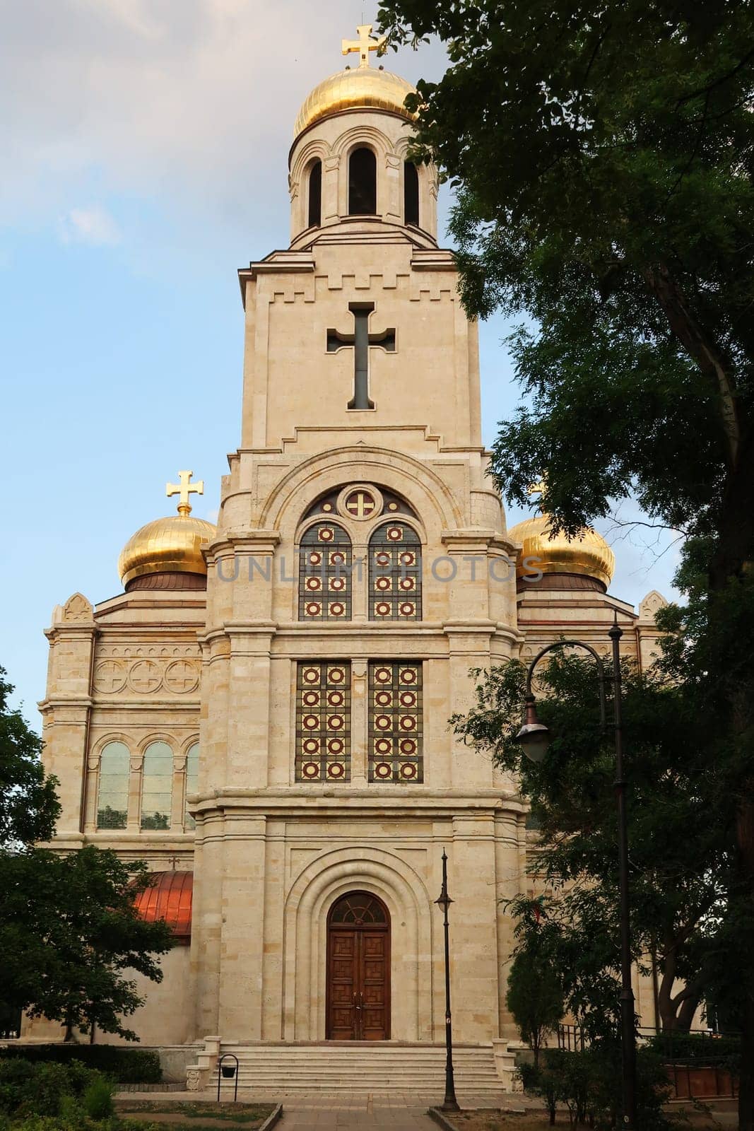 The front facade, entrance of the Dormition of the Mother of God Cathedral in Varna, Bulgaria 2022