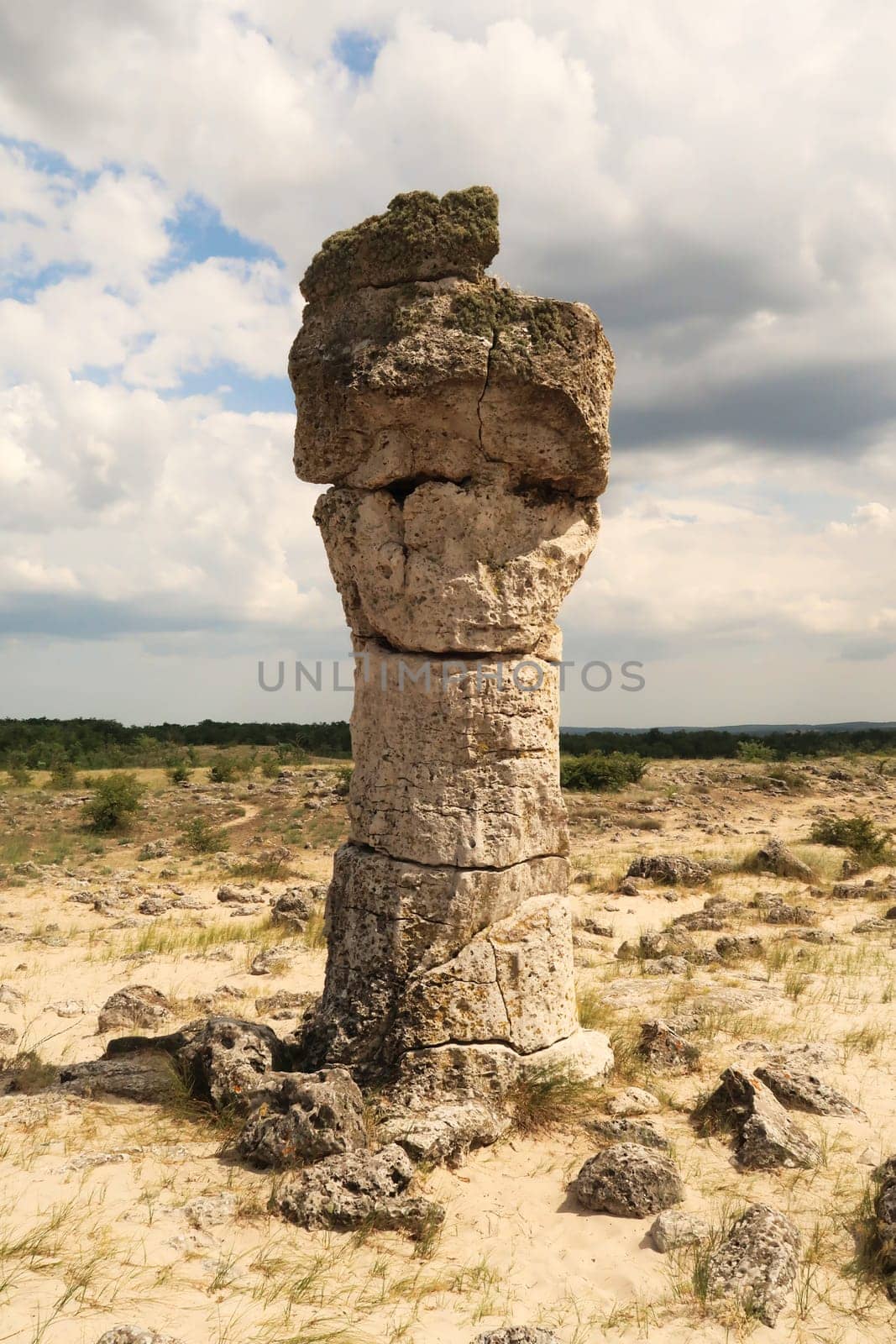 Stone pillar in the shape of a head, face at the Pobiti Kamani Stone Forest near Varna, Bulgaria 2022