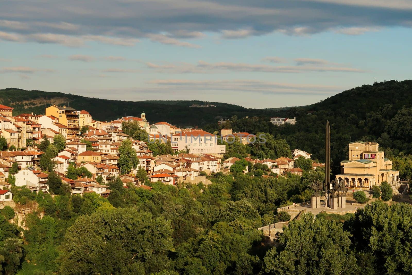 Spectacular view onto the old town and the Monument to the Asen, Assen Dynasty at sunset, Veliko Tarnovo, Bulgaria 2022