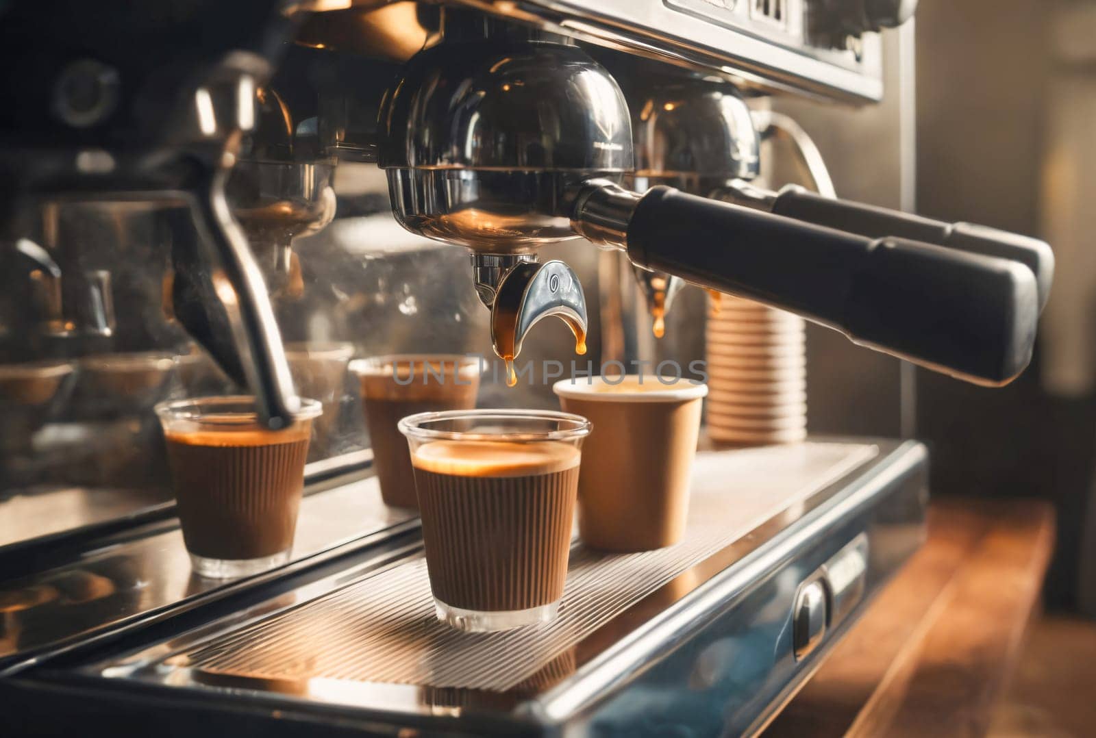 Close-up of an espresso coffee machine pouring fresh coffee into two cups, highlighting the coffee-making process with steam and a rich, aromatic brew.