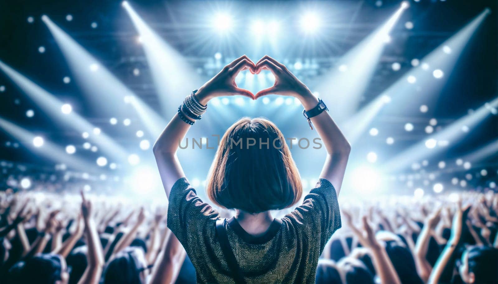 A young girl making a heart shape with her hands at a lively concert, with bright stage lights and a cheering crowd.