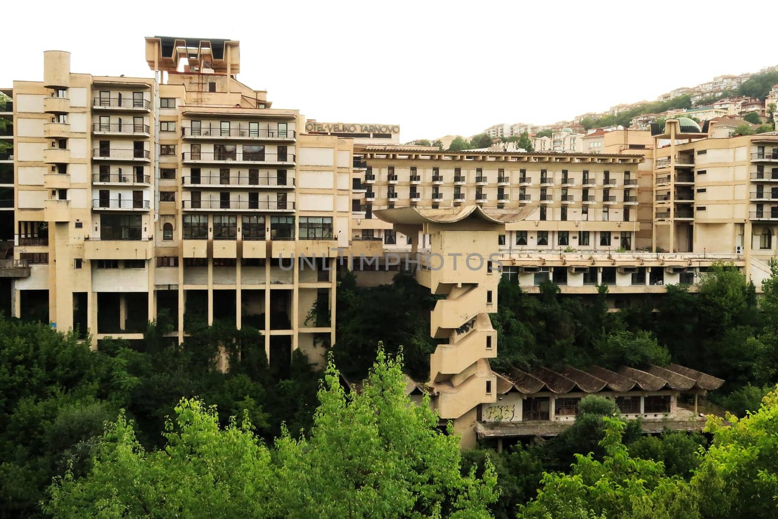 View onto the Interhotel Veliko Tarnovo, example for brutalist architecture from the socialist era in Veliko Tarnovo, Bulgaria 2022
