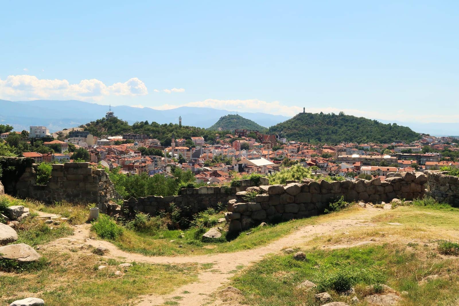View from the archaeological site, complex of Nebet Tepe onto the city of Plovdiv, Plowdiw, Bulgaria 2022