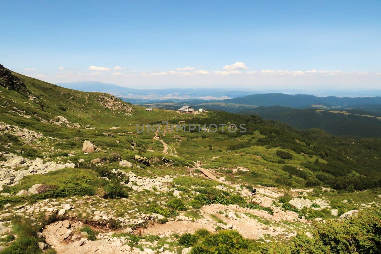 Spectacular view from the Seven Rila Lakes Plateau onto the Rila Lakes Chalet and the lift station, Rila National Park close to Sofia, Bulgaria 2022