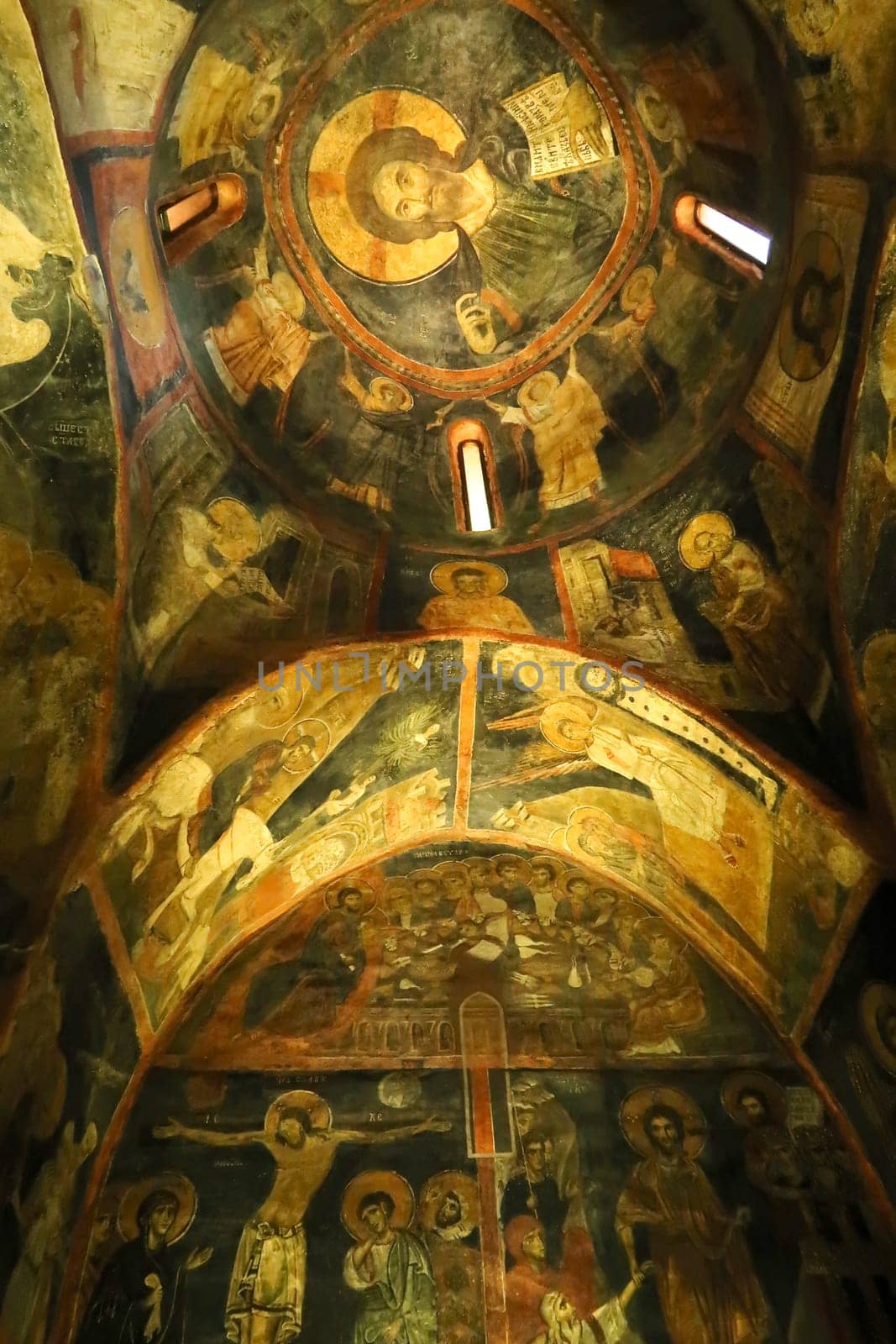 Elaborate ceiling and wall frescos, paintings, murals inside the medieval christian, eastern orthodox Boyana Church, Sofia, Bulgaria 2022