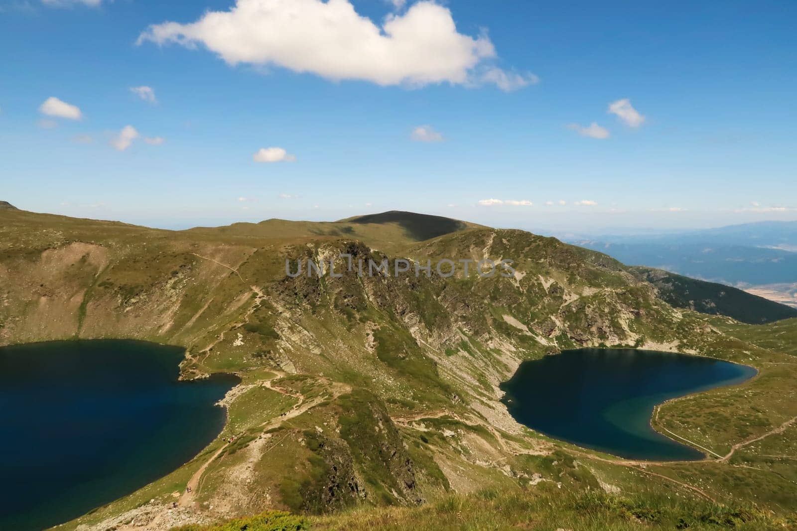 Spectacular view onto the Eye, Okoto Lake and Kidney, Babreka Lake with their deep blue water, two of the Seven Rila Lakes, situated on a plateau in the Rila National Park, close to Sofia, Bulgaria 2022