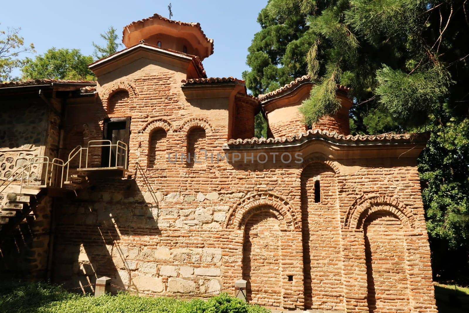 The brick facade of the the medieval christian, eastern orthodox Boyana Church, Sofia, Bulgaria 2022