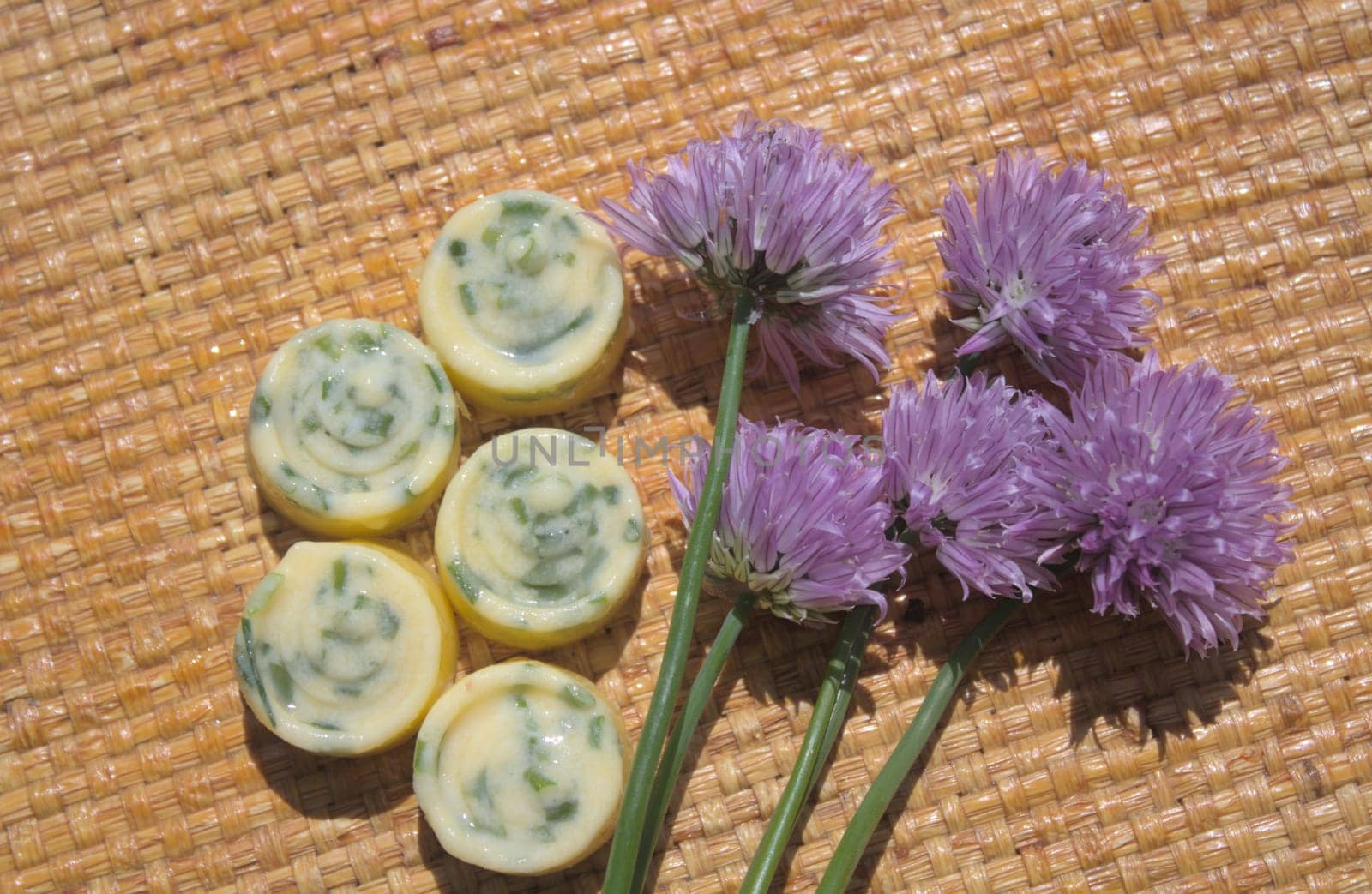 chives blossoms and chives butter