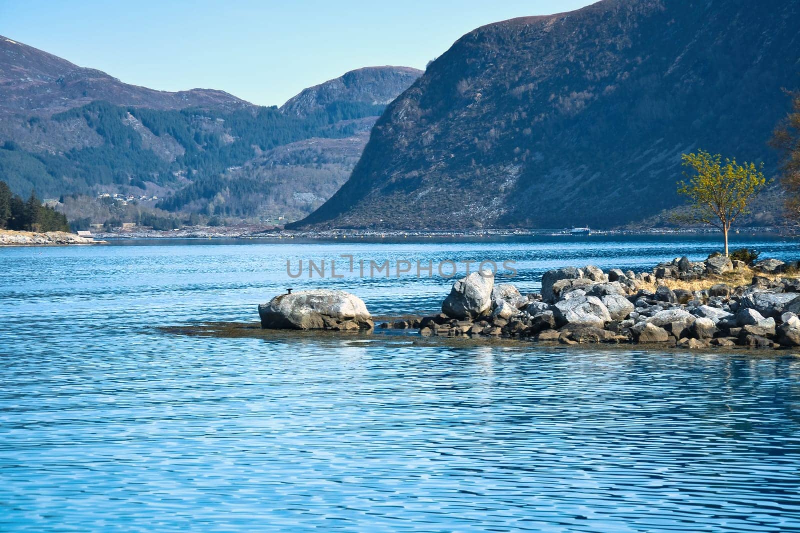 Fjord with mountains on the horizon. Stones reach into the water. The water glistens in the Norwegian sun. Landscape photo from the north