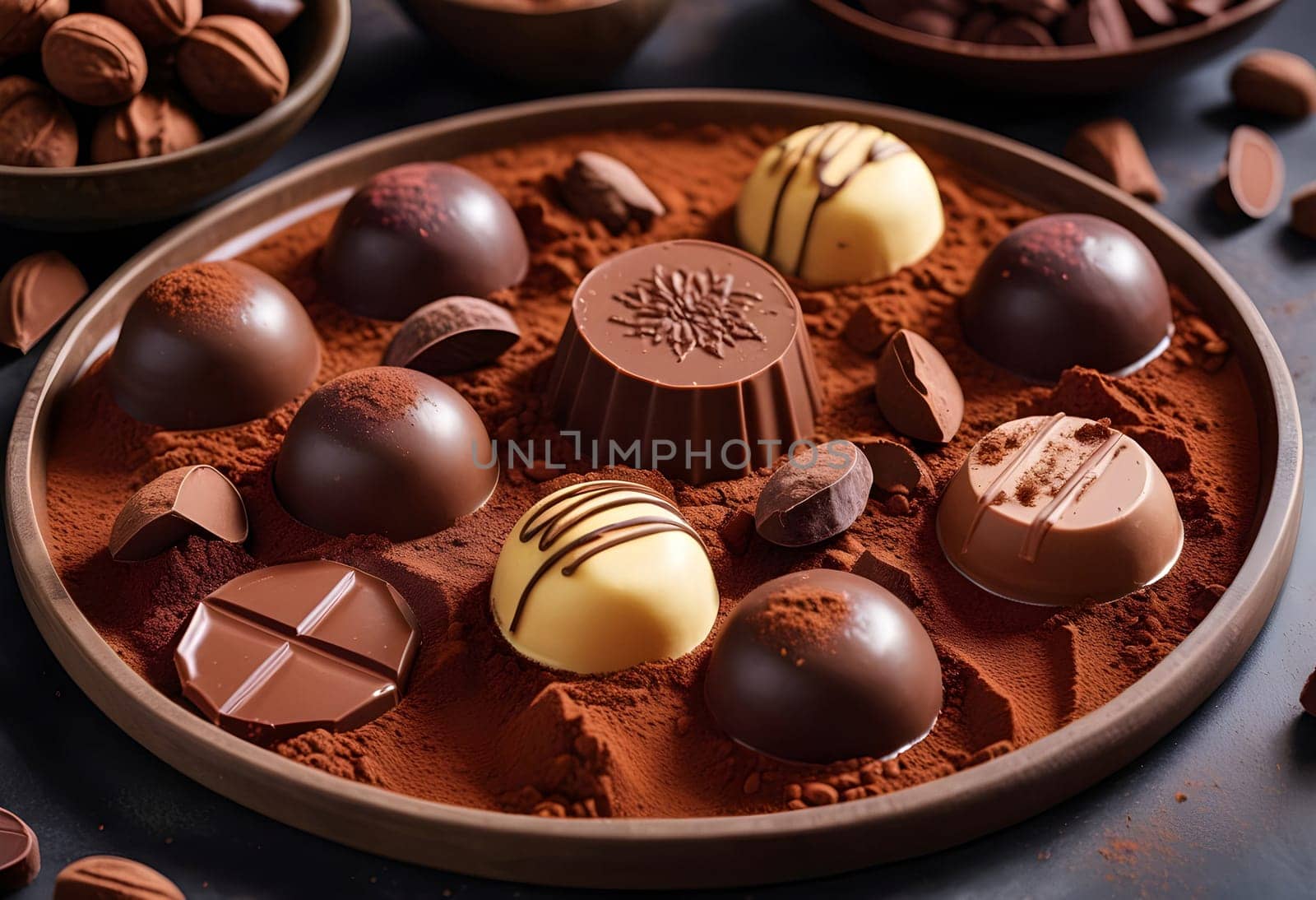 AI generated of a tray of chocolates and nut on the chocolate powder
