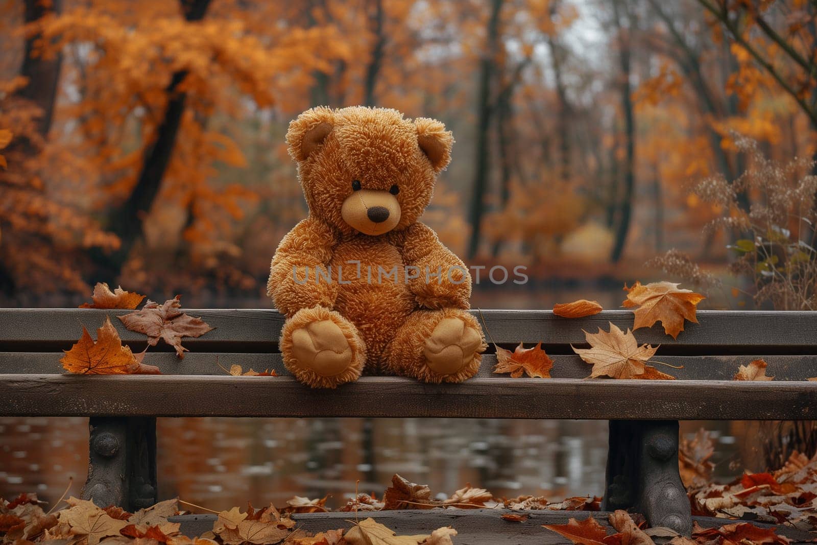 Teddy bear sitting on a park bench, forgotten lonely child toy with wet fur, rainy day in autumn