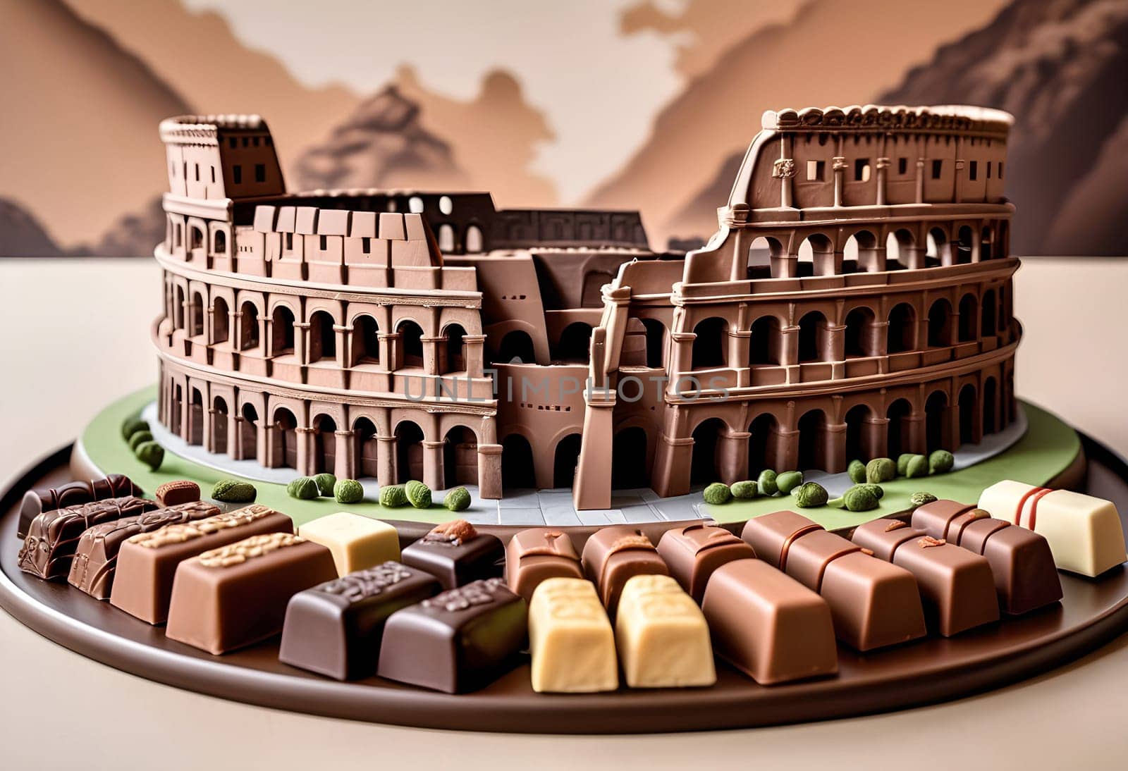 AI generated of a chocolate cake shaped like the colosseum