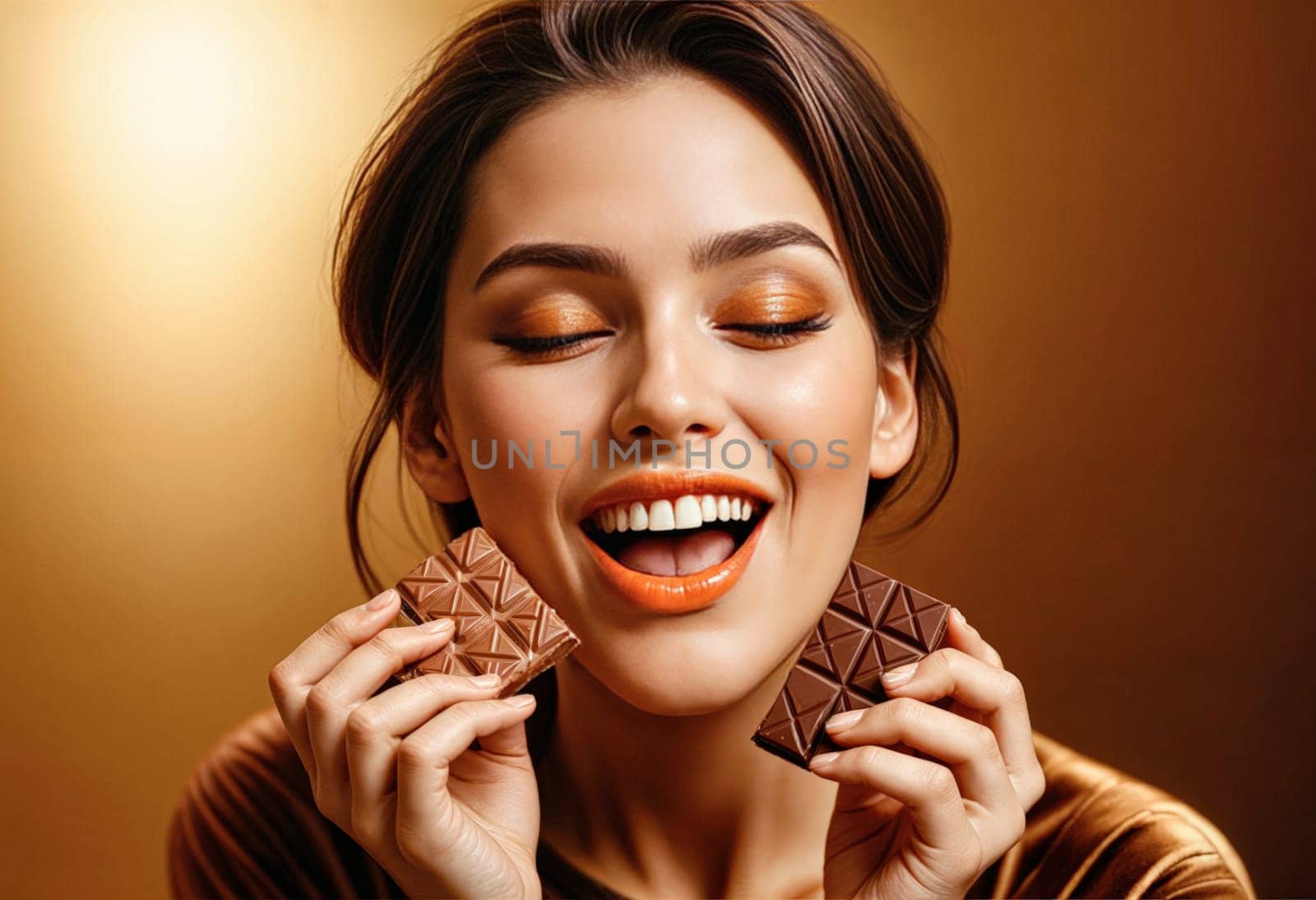 AI generated of a woman is holding two pieces of chocolate