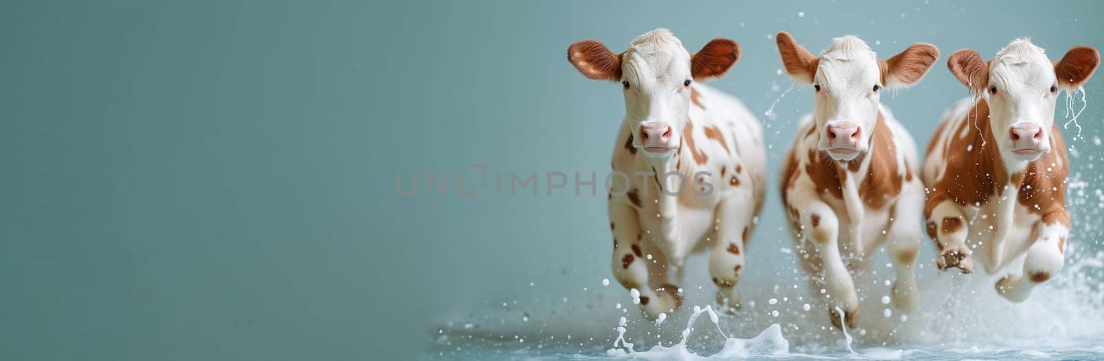 Cow with milk splashes, animal welfare in industry, dairy product, agriculture and production