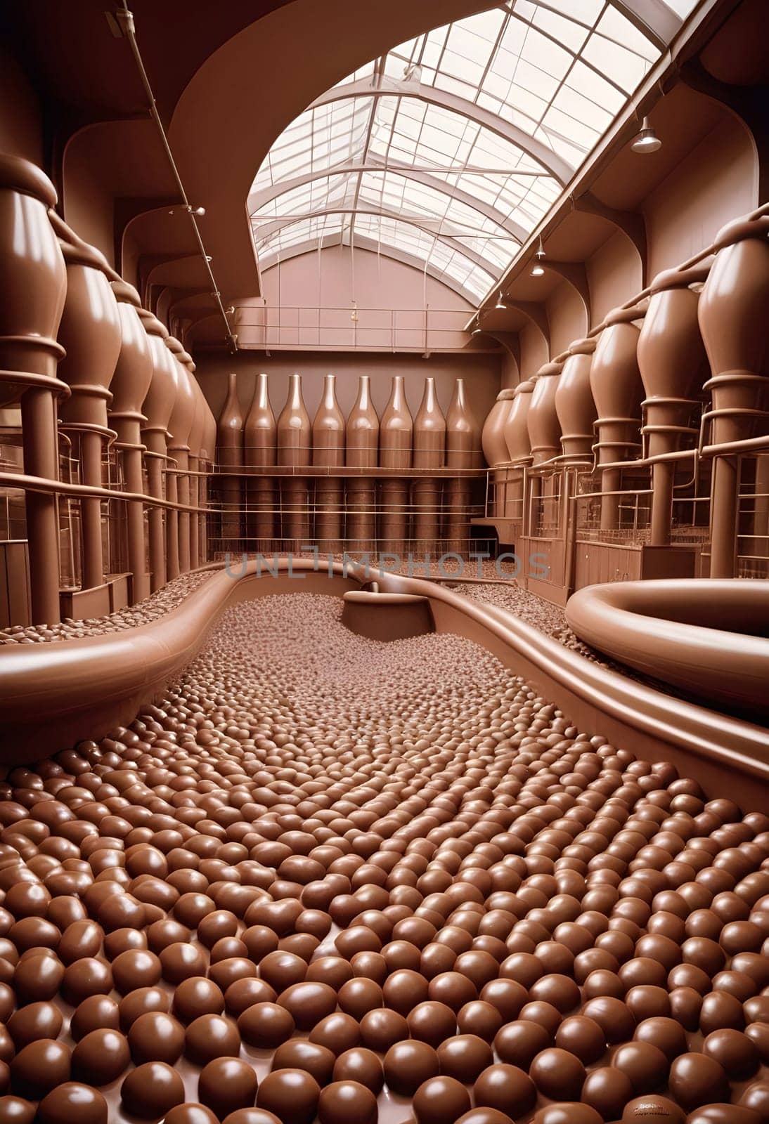 AI generated of a large chocolate factory made from chocolate with lots of chocolate balls