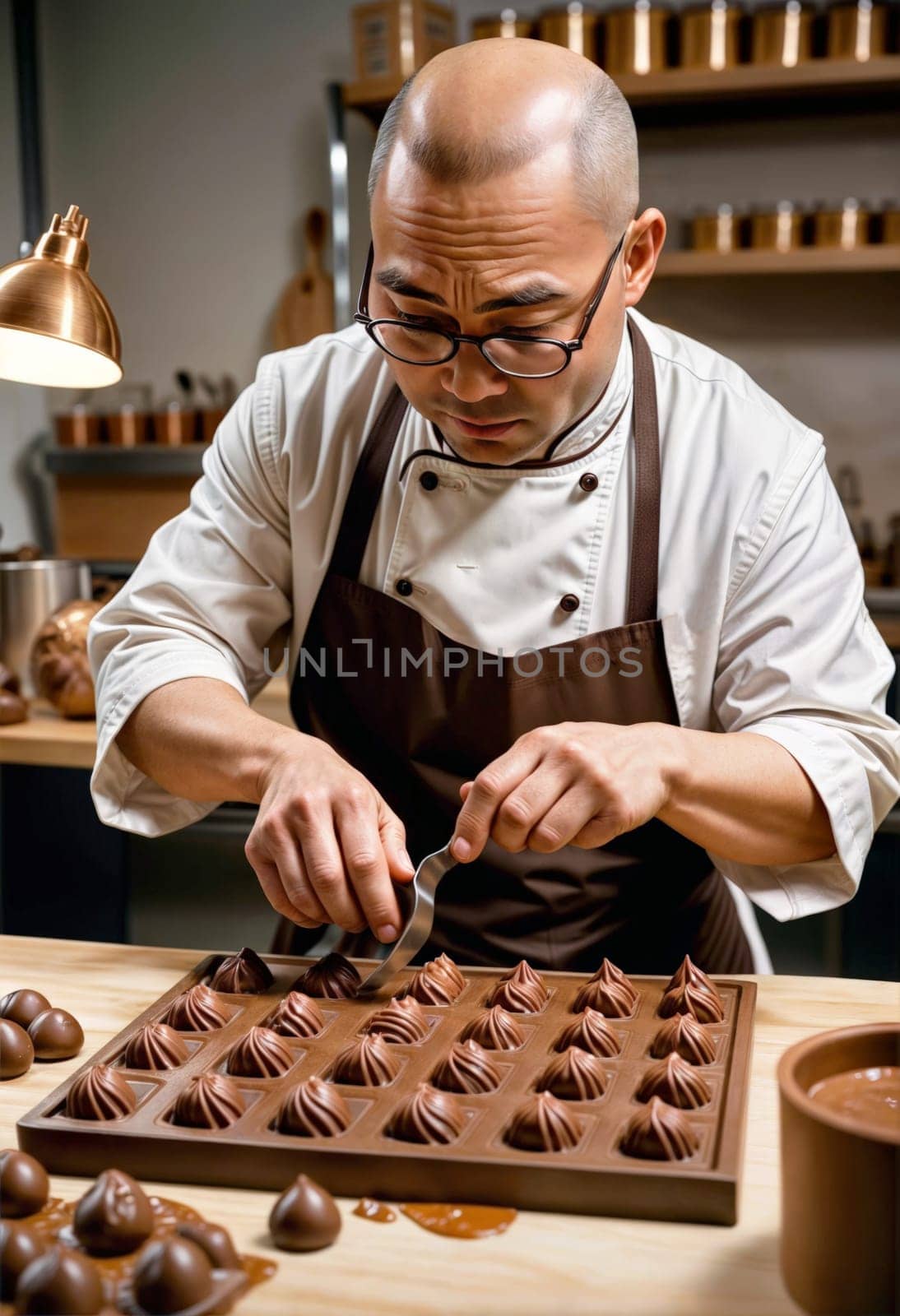 AI generated of a man in glasses with brown apron and chef uniform is making chocolate