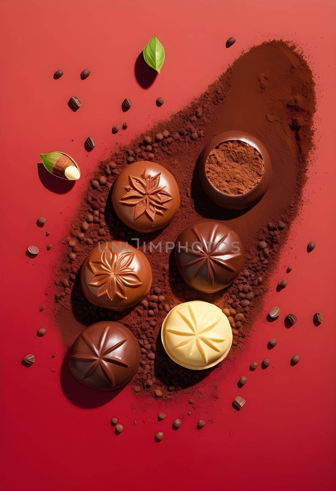 AI generated of chocolate covered almonds and nuts on a red background