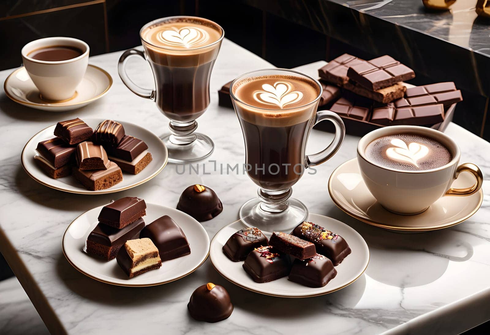 AI generated of a marble table with several plates of chocolates and cups of coffee