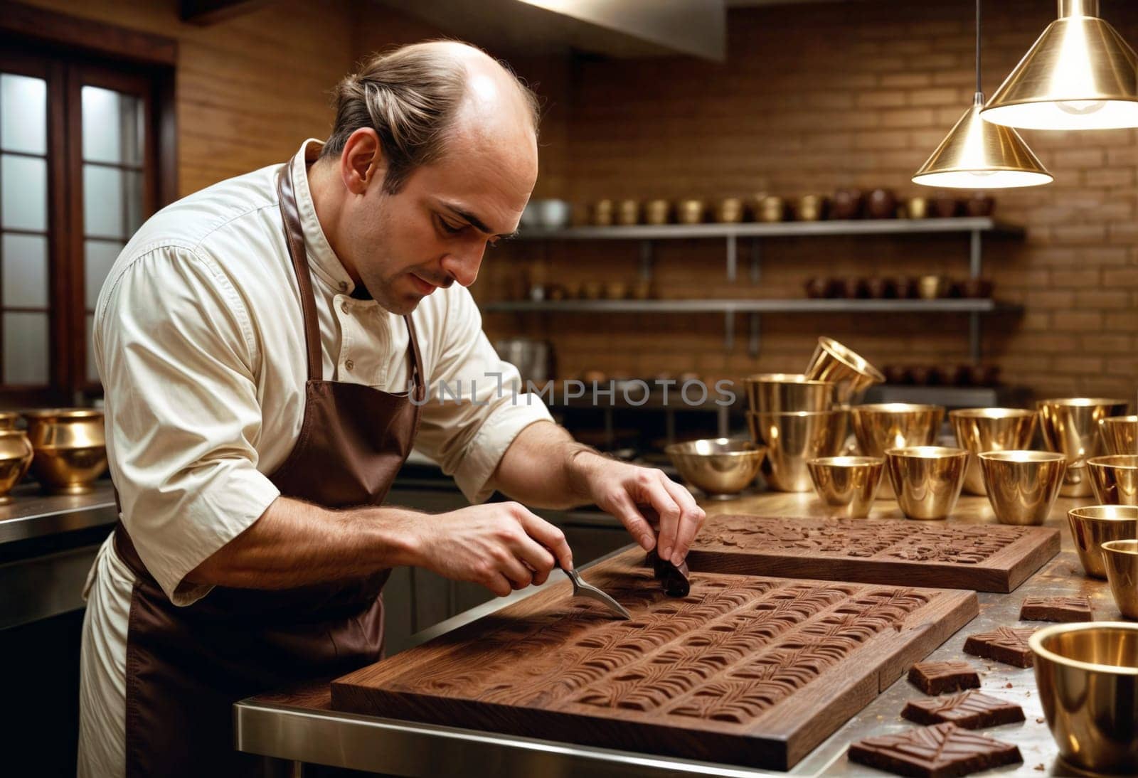 AI generated of a man in an apron is cutting chocolate on a board