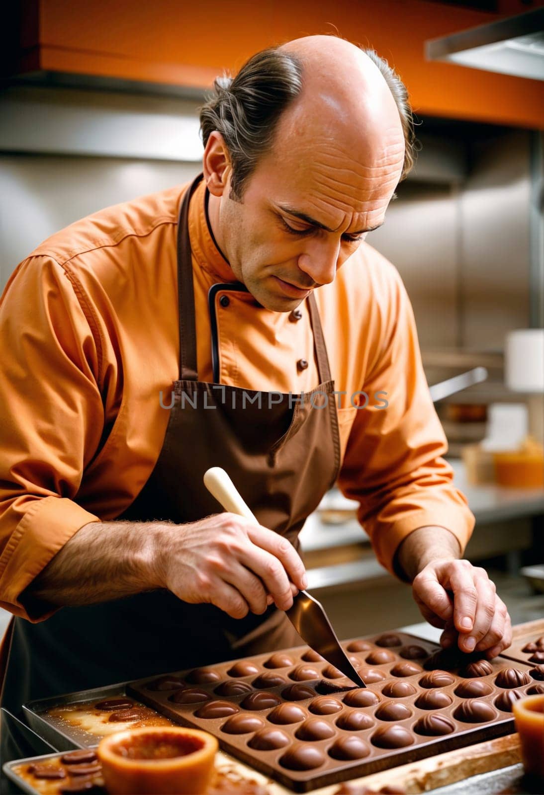 AI generated of a man in an orange shirt and brown apron is cutting and making chocolate