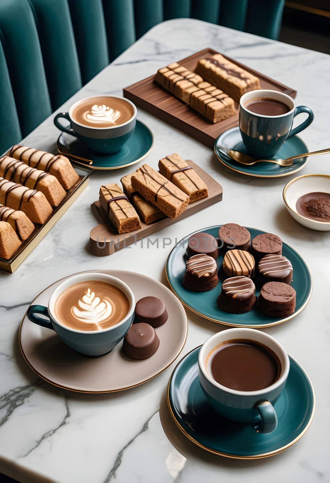 AI generated of a marble table topped with coffee cups and desserts