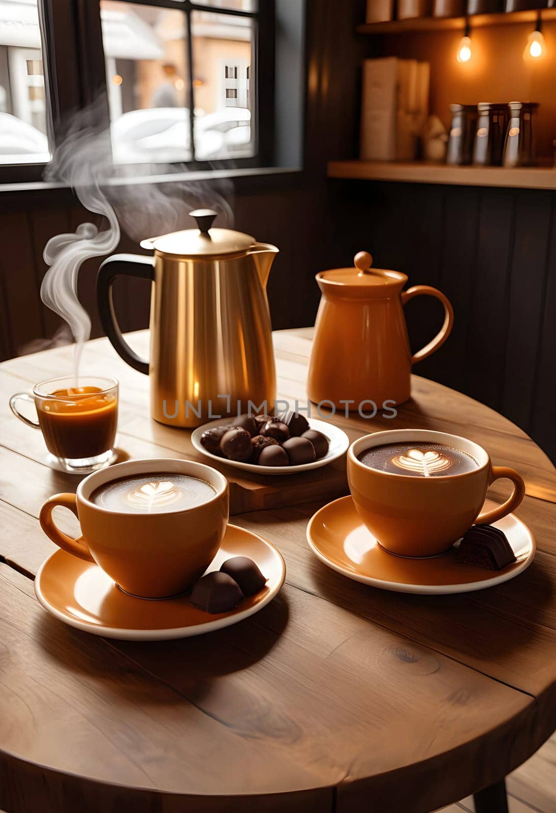 AI generated of a wooden table with cups of coffee, chocolates, and a coffeepot on it