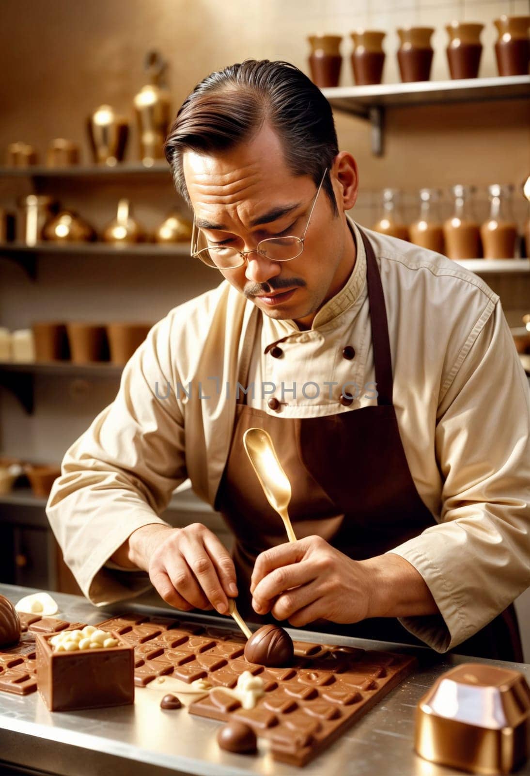 AI generated of a man in a chef's apron is making chocolate