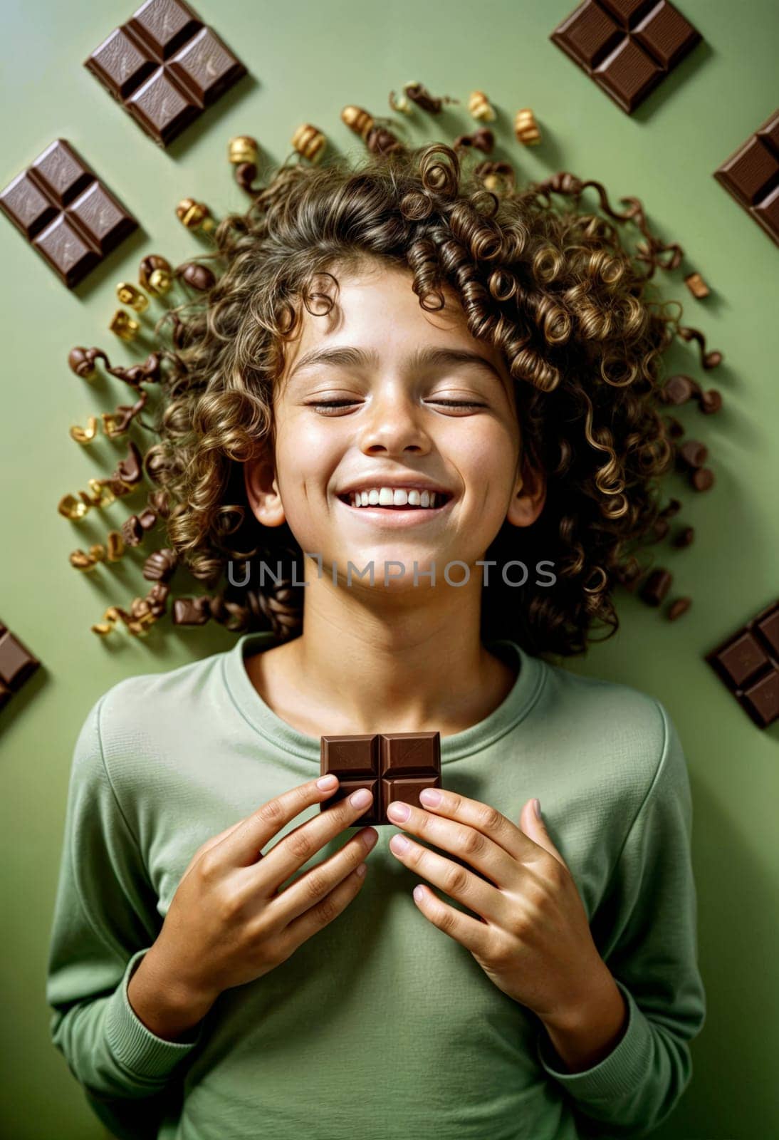 AI generated of a young girl with curly hair is smiling while holding a piece of chocolate