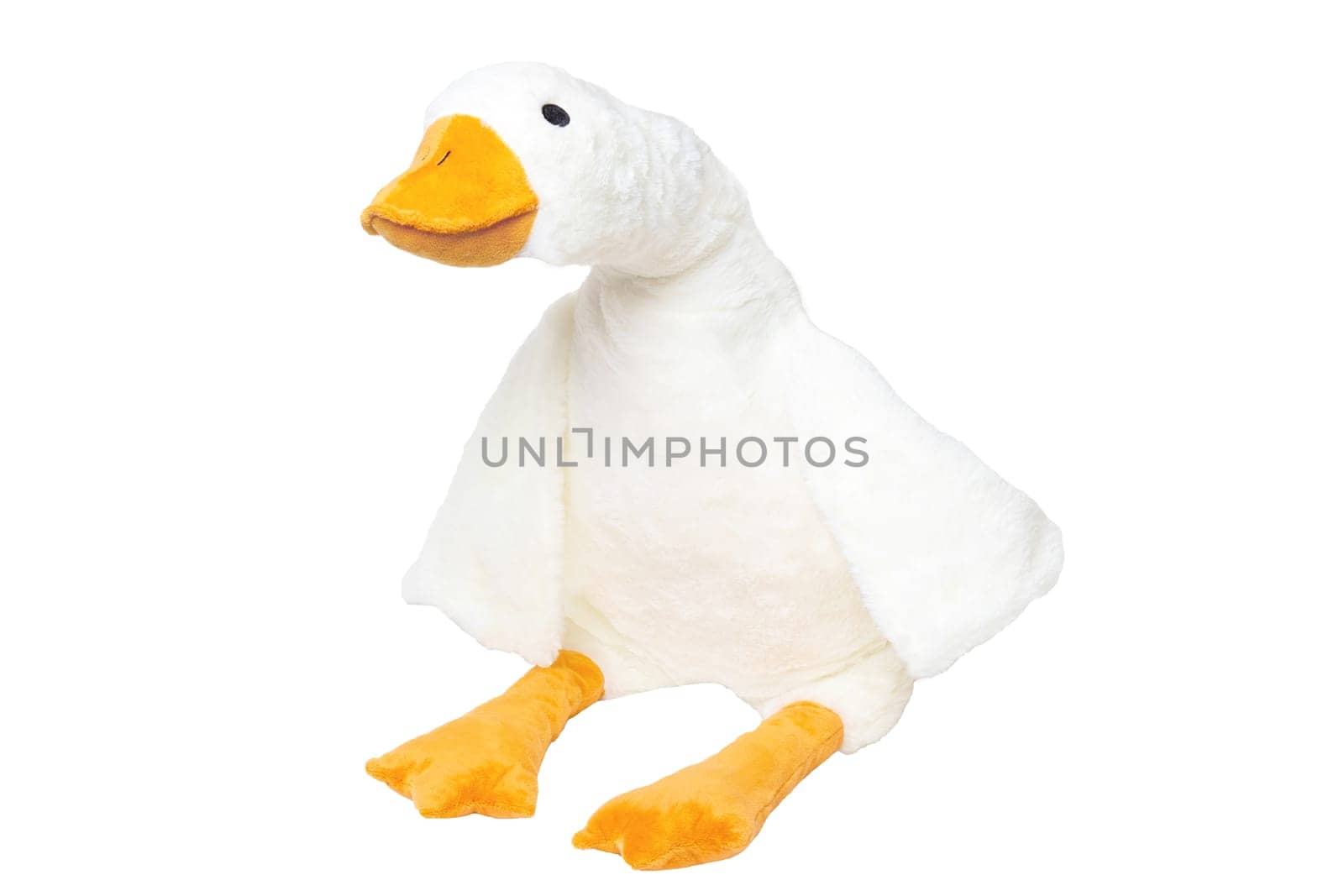 Childrens toy stuffed animals. Soft white plush toy duck for kids isolated on a white background. Duck teddy toy. White duck for playing.