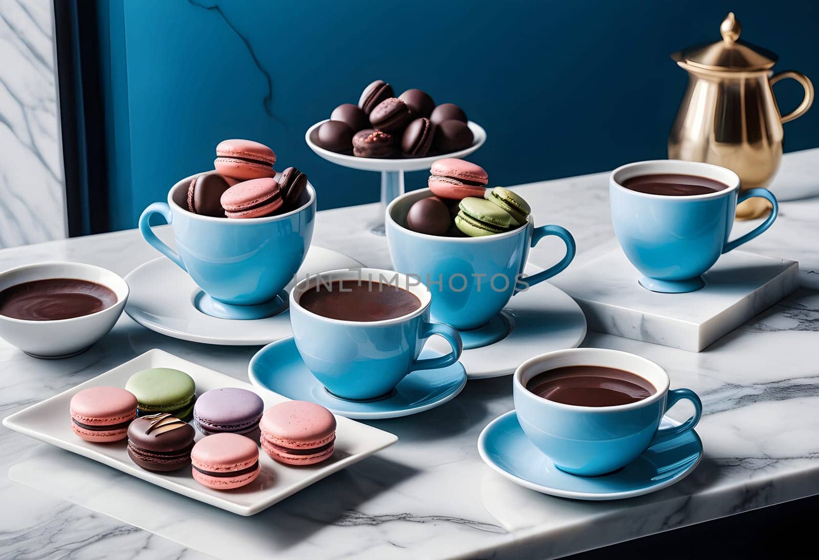 AI generated of a marble table with blue cups of coffee, chocolate and plates with macarons