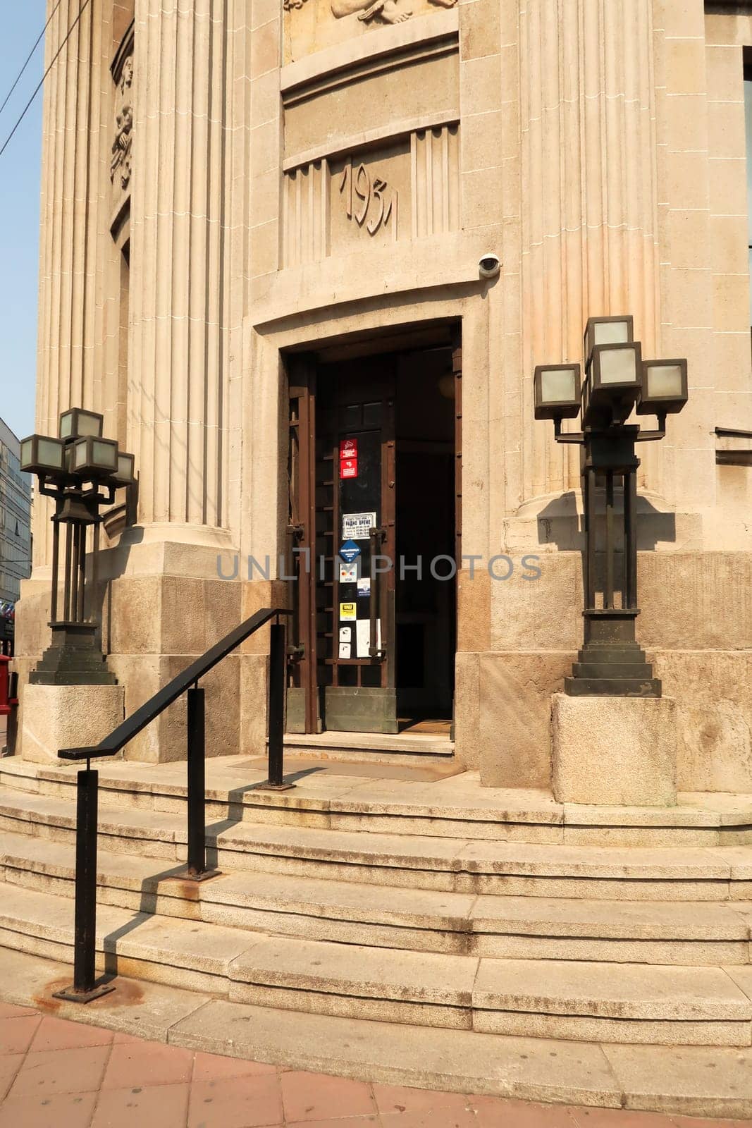 The entrance of the beautiful historic art deco building that houses the post, postal office in Nis, Serbia 2022