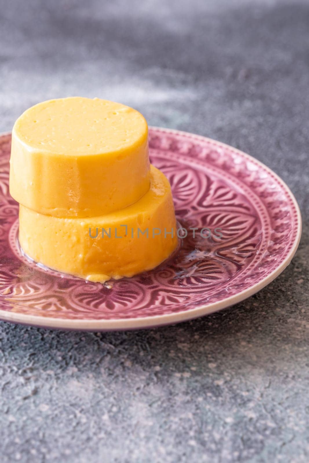 Portion of mango and cream gelatin dessert