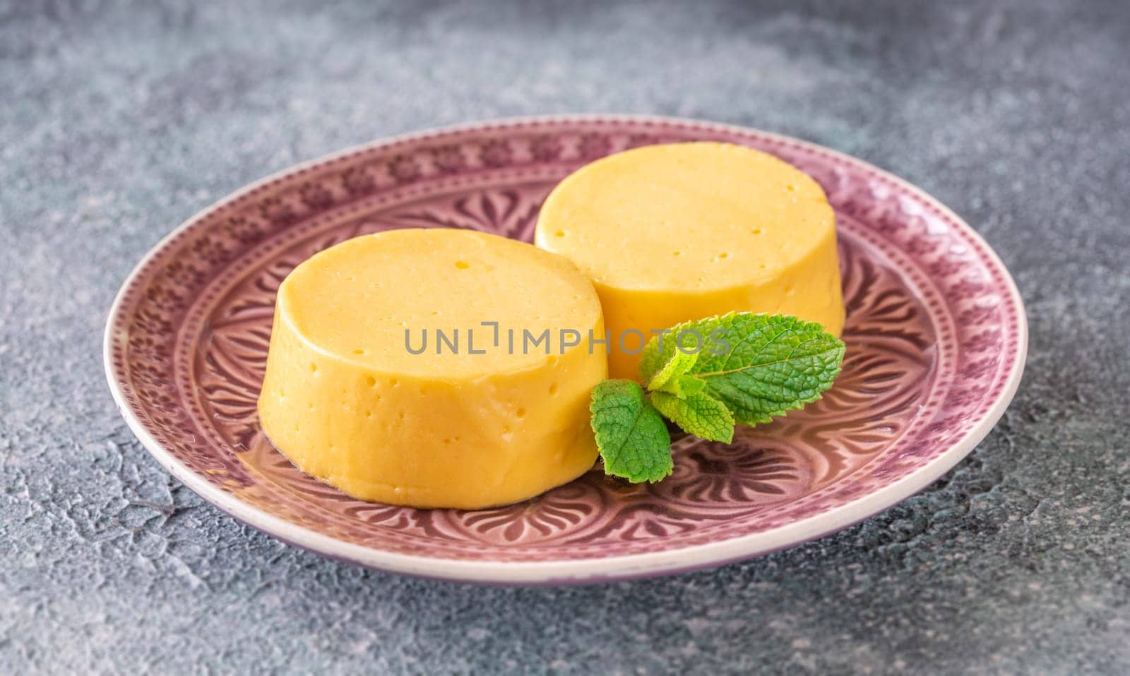 Portion of mango and cream gelatin dessert