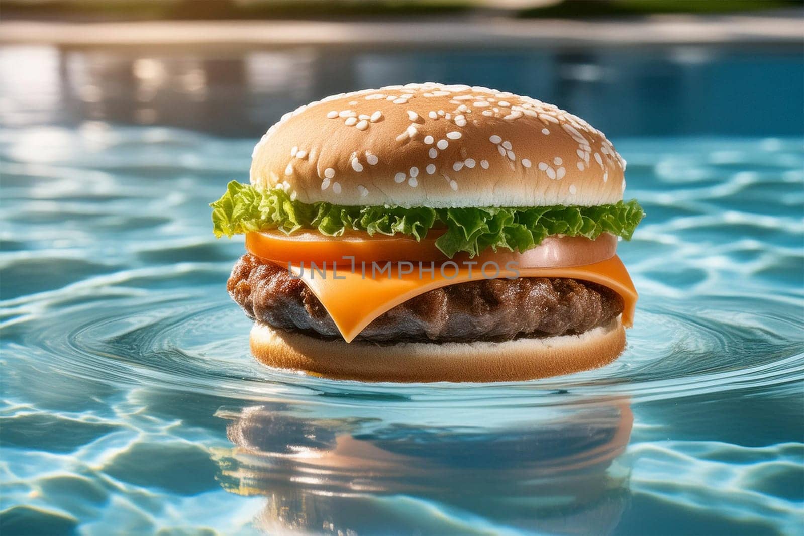 A beef patty burger floats on the surface of the pool or sea water. Catering concept in resort restaurants.