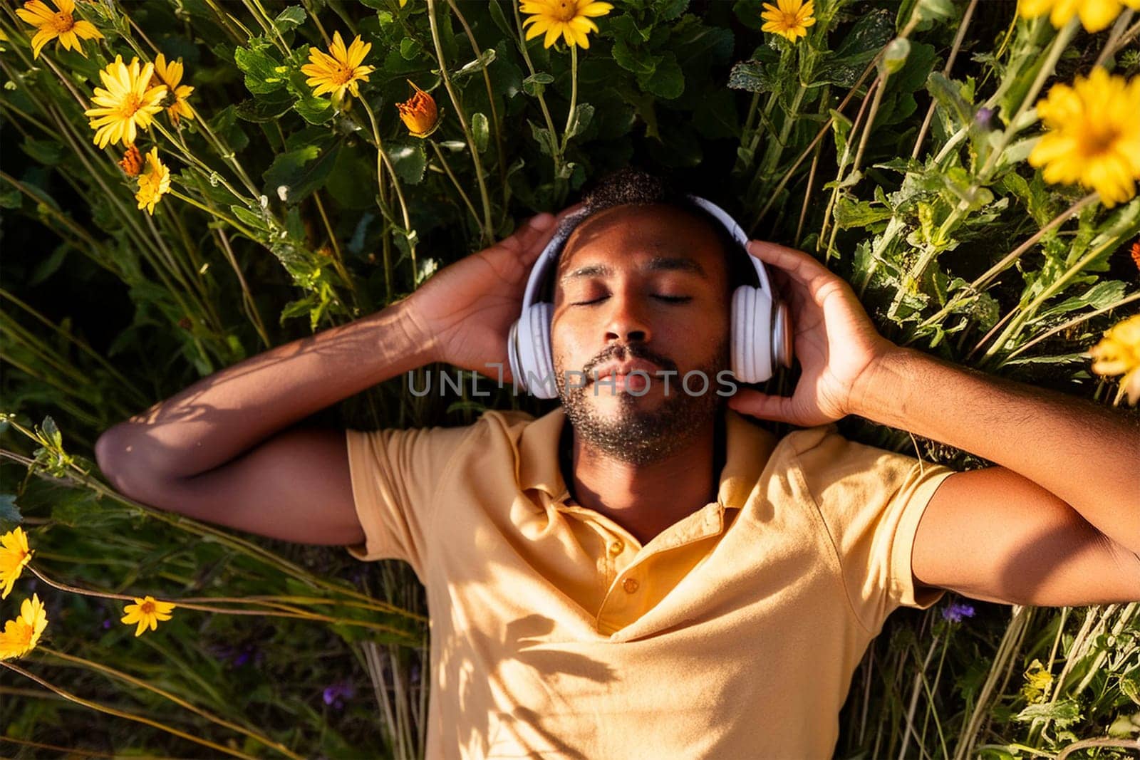 Relaxed black man relaxing lying on lawn among flowers listening to music in headphones with eyes closed, enjoying summer and nature