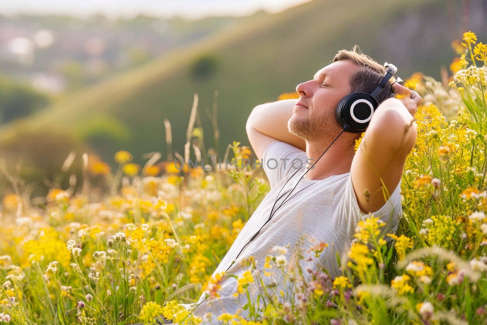 Middle-aged man enjoying music in headphones among hills in wildflower meadow with his hands behind his head and closing his eyes