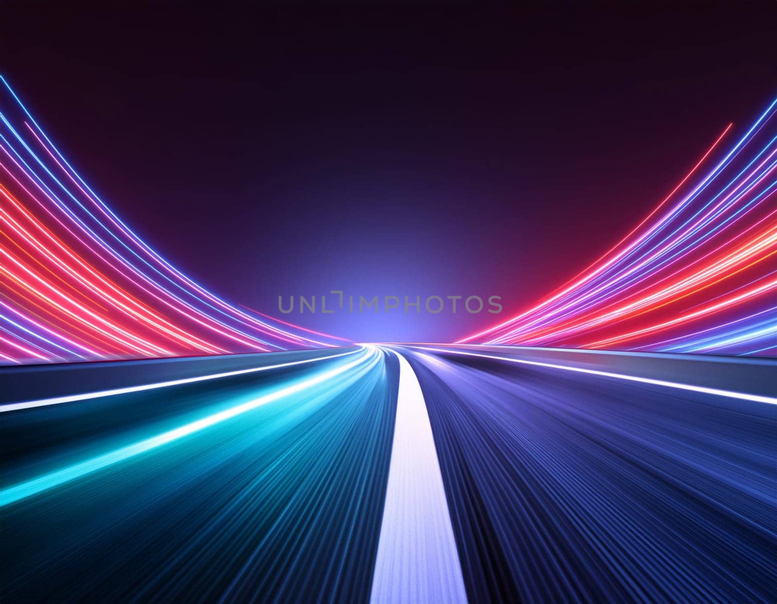 3D Render, Colorful Speed neon light trail on dark background, abstract motion curve light