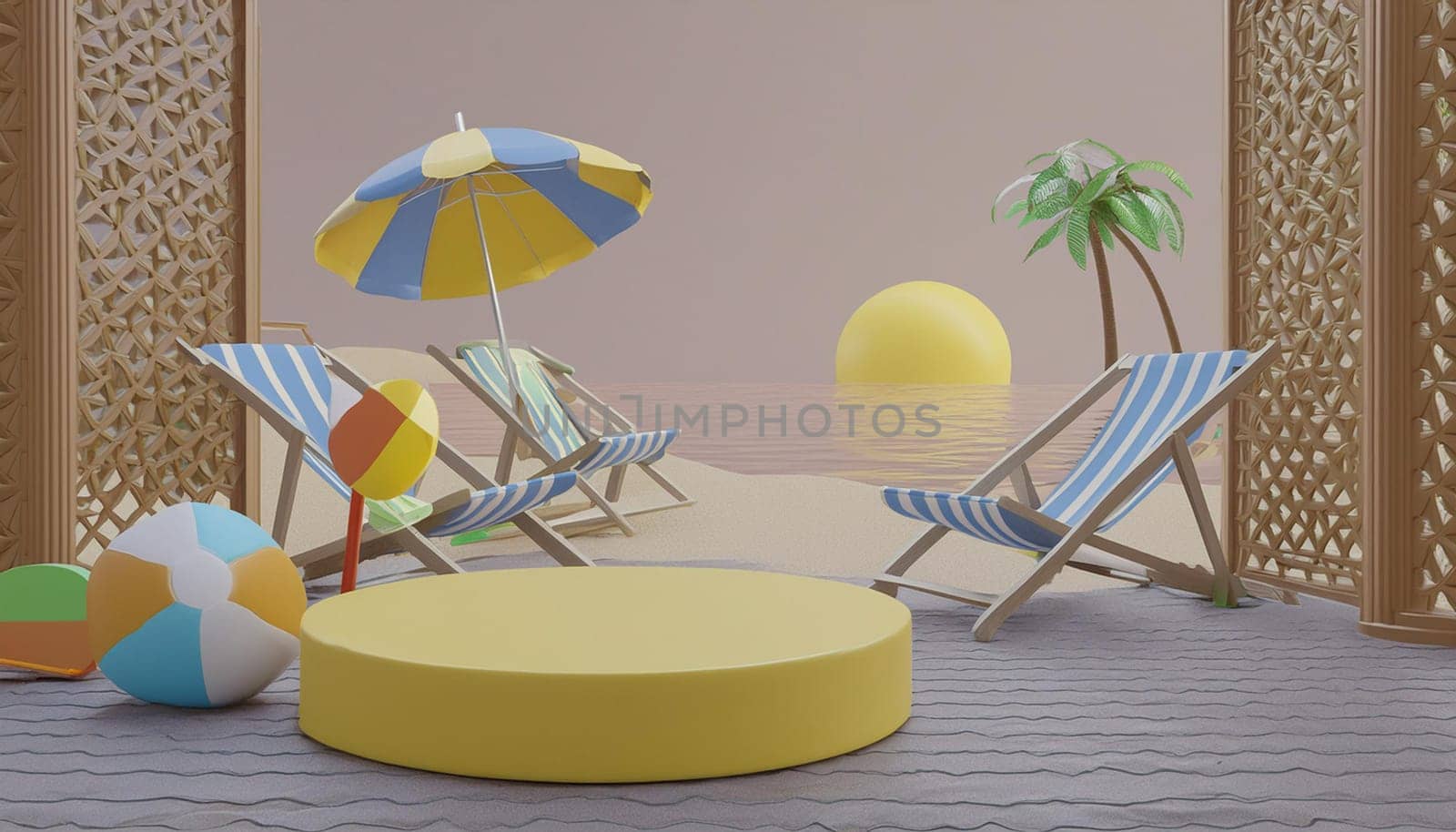 3D render, minimal Summer background with empty podium or pedestal platform for showing product