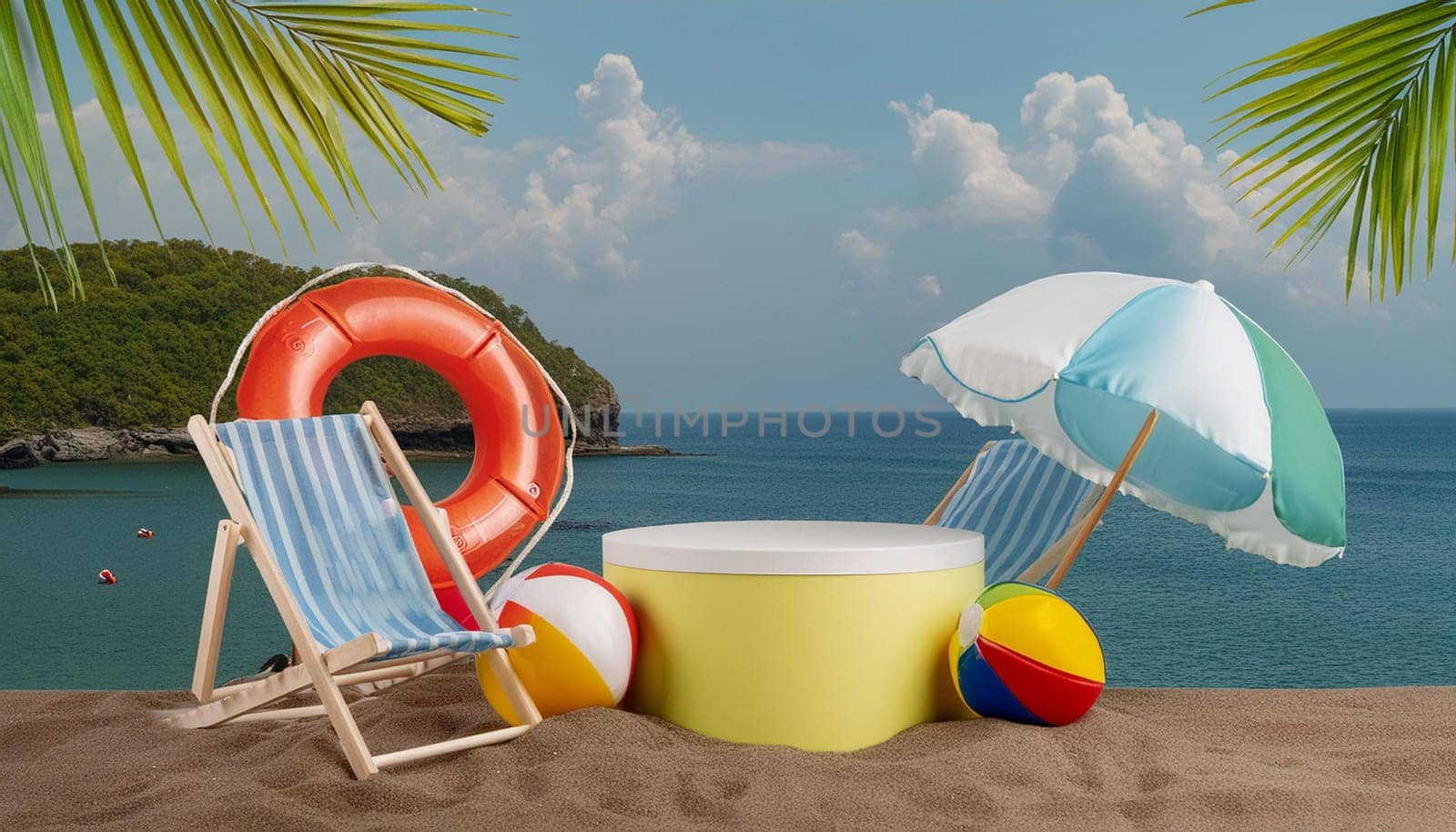 3D render, minimal Summer background with empty podium or pedestal platform for showing product