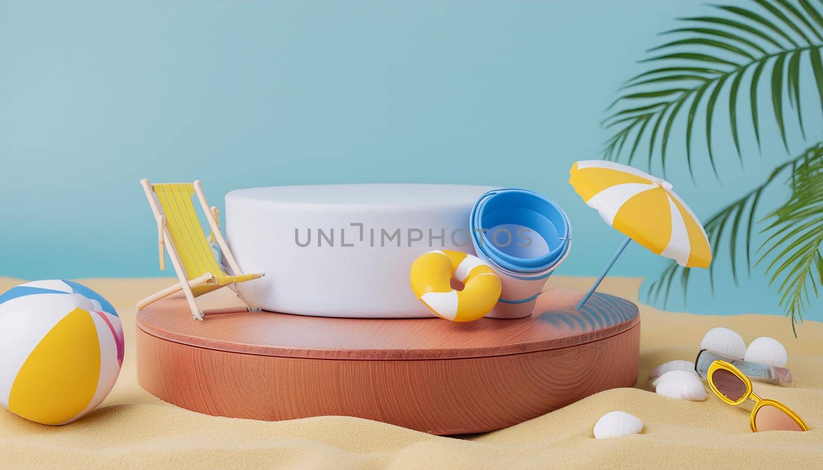 3D render, minimal Summer background with empty podium or pedestal platform for showing product
