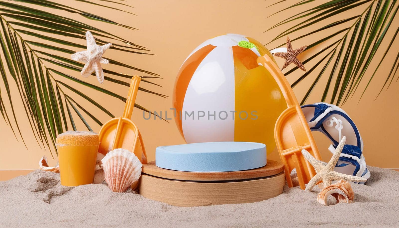 3D render, minimal Summer background with empty podium or pedestal platform for showing product
