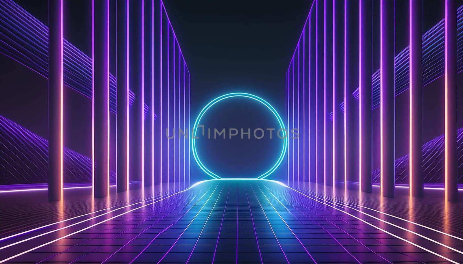 3d technology abstract neon light background, empty space scene, spotlight, dark night